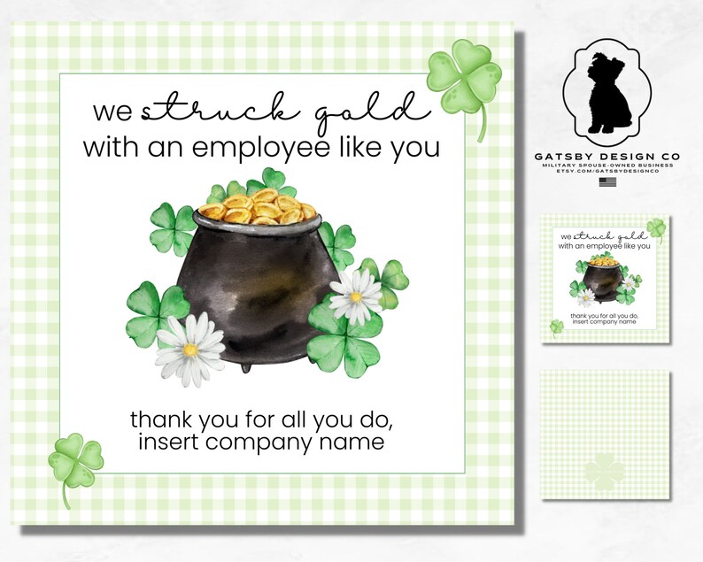 St Patricks Day Employee Appreciation Card for Company Holiday Printable with Watercolor Pot of Gold and four leaf clover design and green gingham border. Print from home or office and edit with company name. Easy and fast, office ideas, work ideas.