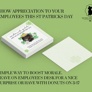 St Patricks Day Employee Appreciation Card for Company Holiday Printable with Watercolor Pot of Gold and four leaf clover design and green gingham border. Print from home or office and edit with company name. Easy and fast, office ideas, work ideas.