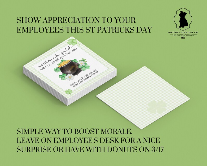 St Patricks Day Employee Appreciation Card for Company Holiday Printable with Watercolor Pot of Gold and four leaf clover design and green gingham border. Print from home or office and edit with company name. Easy and fast, office ideas, work ideas.