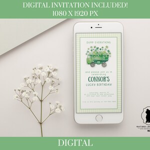 May include: Digital invitation for a birthday party with a green truck filled with shamrocks and the text "DUMP EVERYTHING" and "CONNOR'S LUCKY BIRTHDAY!"