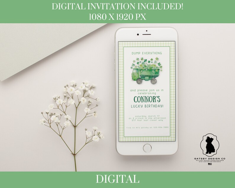 May include: Digital invitation for a birthday party with a green truck filled with shamrocks and the text "DUMP EVERYTHING" and "CONNOR'S LUCKY BIRTHDAY!"