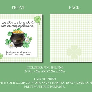 St Patricks Day Employee Appreciation Card for Company Holiday Printable with Watercolor Pot of Gold and four leaf clover design and green gingham border. Print from home or office and edit with company name. Easy and fast, office ideas, work ideas.