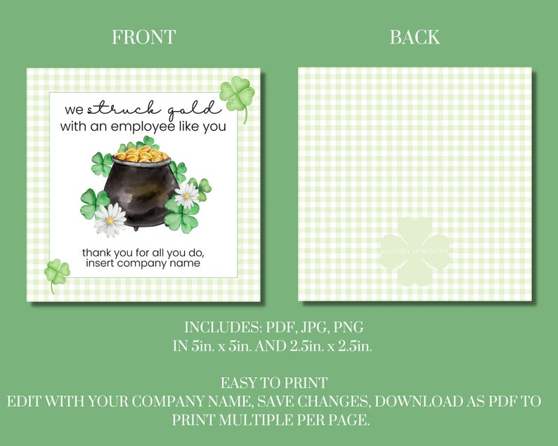 St Patricks Day Employee Appreciation Card for Company Holiday Printable with Watercolor Pot of Gold and four leaf clover design and green gingham border. Print from home or office and edit with company name. Easy and fast, office ideas, work ideas.