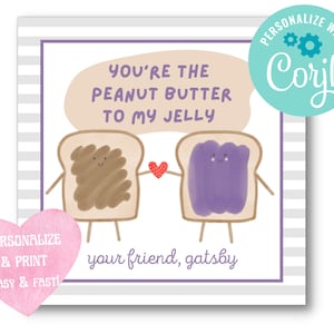 Class Valentine Tag - Personalized Gray Stripe PB&J