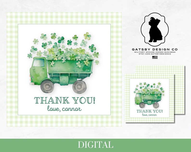 Op de afbeelding: Een digitale printbare bedankkaart met een groene kipper vol groene klavers. De kaart heeft een groene en witte ruitjesachtergrond en de tekst "THANK YOU! love, connor".