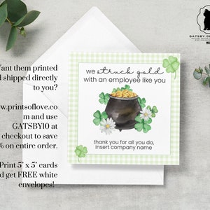St Patricks Day Employee Appreciation Card for Company Holiday Printable with Watercolor Pot of Gold and four leaf clover design and green gingham border. Print from home or office and edit with company name. Easy and fast, office ideas, work ideas.