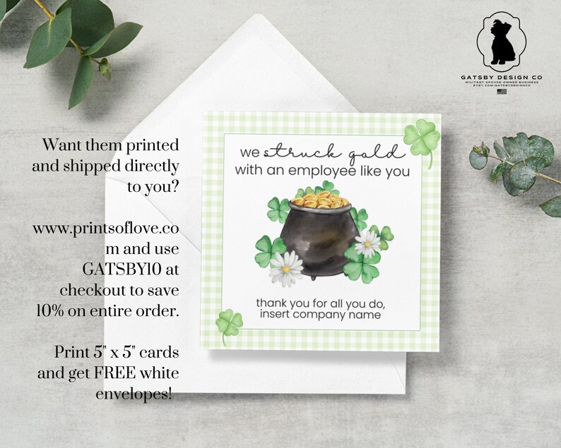 St Patricks Day Employee Appreciation Card for Company Holiday Printable with Watercolor Pot of Gold and four leaf clover design and green gingham border. Print from home or office and edit with company name. Easy and fast, office ideas, work ideas.