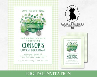 St Patricks Day Verjaardag Uitnodiging Dump Truck Four Leaf Klaver