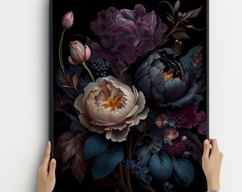 Moody Vintage Flower Print, Dark Floral Poster, Vintage Floral Art, Dark Academia Decoration art, Dark Floral Print, Dark botanical art