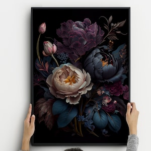 Moody Vintage Flower Print, Dark Floral Poster, Vintage Floral Art, Dark Academia Decoration art, Dark Floral Print, Dark botanical art