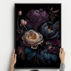 Moody Vintage Flower Print, Dark Floral Poster, Vintage Floral Art, Dark Academia Decoration art, Dark Floral Print, Arte botanica scura