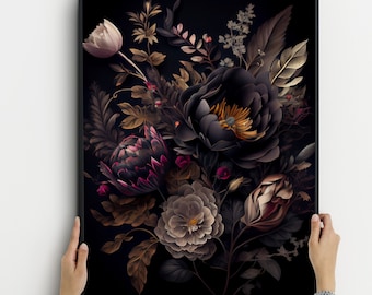 Estampado de flores vintage oscuro, cartel floral oscuro, arte floral vintage, arte botánico gótico de flores, estampado floral oscuro, arte botánico oscuro