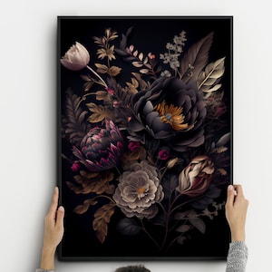 Dark Vintage Flower Print, Dark Floral Poster, Vintage Floral Art, Fiori arte botanica gotica, Dark Floral Print, Arte botanica scura