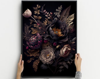 Estampado floral vintage oscuro, póster floral oscuro, arte floral vintage, arte botánico gótico con flores, estampado floral oscuro, arte botánico oscuro