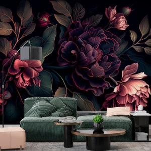 Dark Floral Wallpaper, Dark Botanical Wallpaper, Flowers Wallpaper, Removable Wallpaper, Vintage Floral Wallpaper, Wall Decor, Large Decor