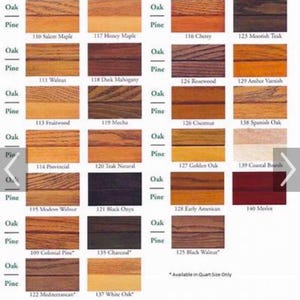 Peut inclure: Un tableau de couleurs de teinture pour bois pour le ch&ecirc;ne et le pin. Le tableau montre 24 couleurs de teinture pour bois diff&eacute;rentes, chaque couleur &eacute;tant &eacute;tiquet&eacute;e avec un num&eacute;ro et un nom. Le tableau est divis&eacute; en deux colonnes, une pour le ch&ecirc;ne et une pour le pin. Le tableau est un outil utile pour choisir la bonne couleur de teinture pour bois pour un projet.