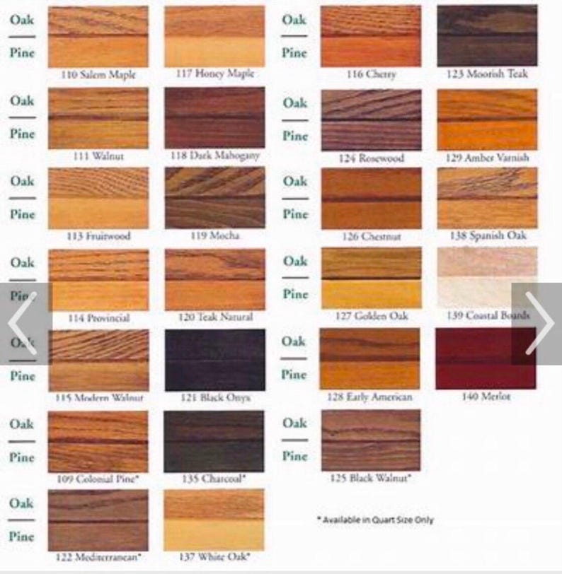Peut inclure: Un tableau de couleurs de teinture pour bois pour le ch&ecirc;ne et le pin. Le tableau montre 24 couleurs de teinture pour bois diff&eacute;rentes, chaque couleur &eacute;tant &eacute;tiquet&eacute;e avec un num&eacute;ro et un nom. Le tableau est divis&eacute; en deux colonnes, une pour le ch&ecirc;ne et une pour le pin. Le tableau est un outil utile pour choisir la bonne couleur de teinture pour bois pour un projet.