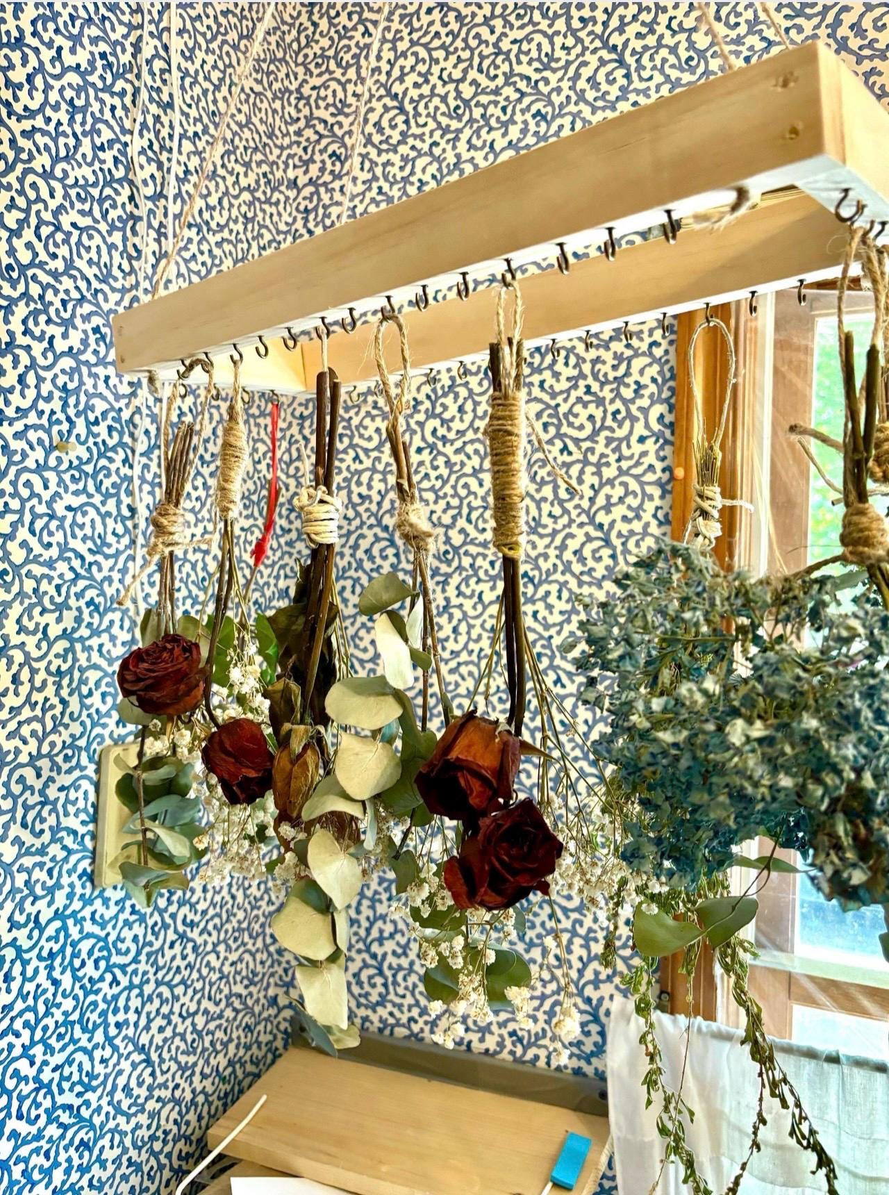 18”-30”Oak Dried Flower Herbs  Kitchen Ceiling Hanging  Cottage Core Whimisgoth Rack Rustic Arrangement Boho Primitive Chateaucore Chef Gift