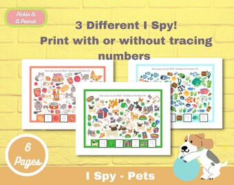 May include: Three printable I Spy game pages featuring different themes: cats, dogs, and fish. Each page has a number of items to find and a space to write the number found. The text on the page reads "How many can you find?" and "I Spy - Pets".