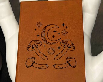 Boho Moon Leather Journal, Mushroom Leather Notebook, Mystic Engraved Leather Journal, Spiritual Leather Diary, Custom Journal