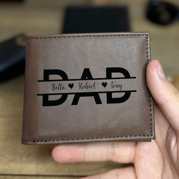 Personalized Kids Name Leather Wallet for Dad, Best Father's Day Gift with Children Name, Custom Leather Engraved Wallet, Dad Leather Wallet