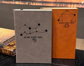 Zodiac Sign Engraved Leather Journal, Astrology Custom Journal, Vegan Leather Journal, Gift for Corporates, Personalized Journal, Horoscope