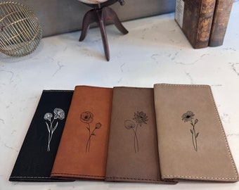 Birth Flower Engraved Checkbook Cover, Personalized Checkbook Cover Engraved with Choice of Text or Monogram Design, Font from Our Selection