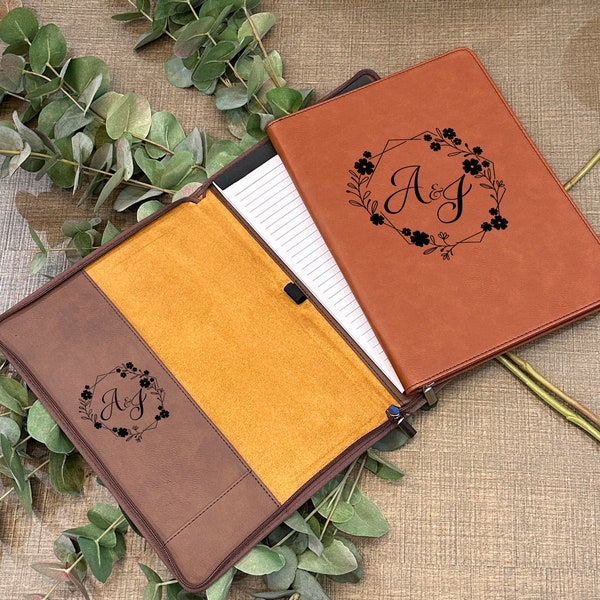 Personalized Monogram/Name Leather Portfolio with Zip, Initial Engraved Leather Organizer for Men and Women, Valentine Day Gift for Him&Her