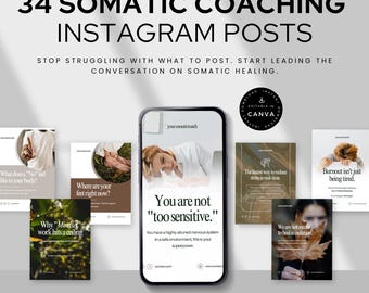 34 Somatic Coaching Instagram Posts | Trauma Informed Social Media Templates | Nervous System Education | Canva Wellness Content Healers