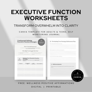 Puede incluir: Hojas de trabajo de funciones ejecutivas con plantillas de Canva para adultos y adolescentes. Las páginas incluyen secciones tituladas Continuously Refining Executive Function Strategies, Developing Your Strategy-Refinement Plan y Reflection Question.