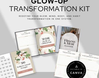 Glow Up Transformation Kit, 30 Day Wellness Challenge, Fitness, Meal Planner, Daily Mindset Prompts & Success Affirmations Bundle