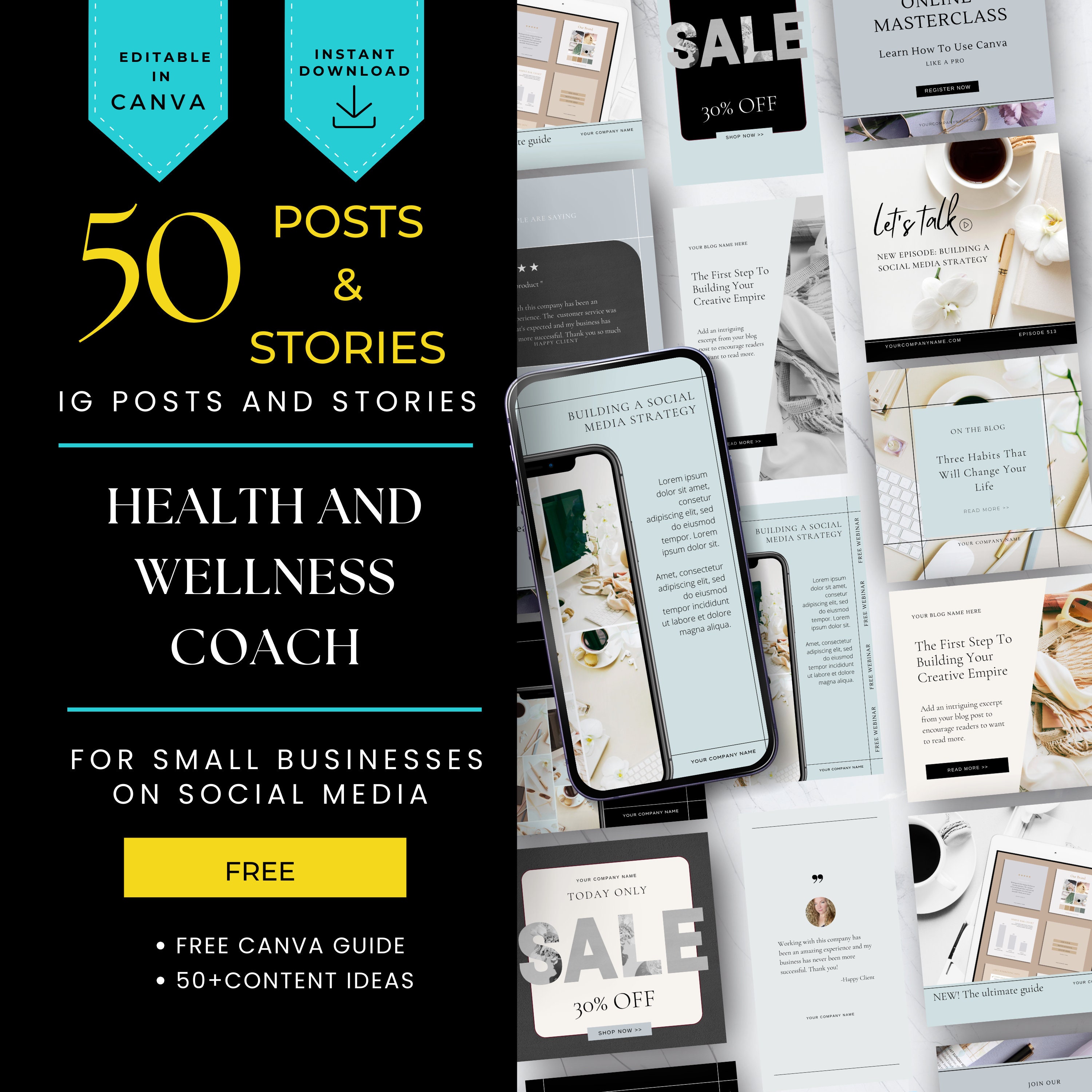 Grey Health and Wellness Coach Canva Templates 50 Instagram Post and ...