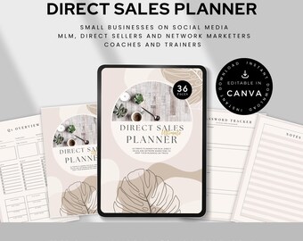 May include: A digital Direct Sales Planner displayed on a tablet, with additional printed pages. The planner's cover features text and a leaf design. The image includes the text "DIRECT SALES PLANNER" and "FREE CANVA GUIDE | 50+ CONTENT IDEAS".