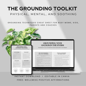 May include: A digital graphic titled "THE GROUNDING TOOLKIT" with the subtitle "PHYSICAL, MENTAL, AND SOOTHING." The image includes a laptop and tablet displaying grounding techniques. Text on the screen reads "GROUNDING: YOUR ANCHOR IN THE STORM."