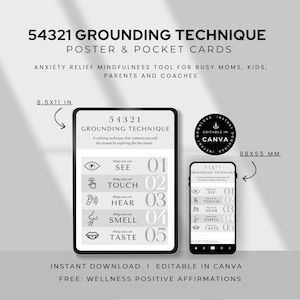 May include: A black and white poster and pocket card set with the text "54321 Grounding Technique". The poster is 8.5 x 11 inches and the pocket card is 88 x 55 mm. The cards are designed as an anxiety relief mindfulness tool.