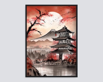 赤い富士山のポスター | 富士山の壁アート | 赤い太陽のプリント | 伝統的な風景のプリント