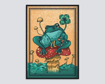 Frog & Mushroom Poster Art Print Nature Frog Cottagecore Vibes Wall Decor