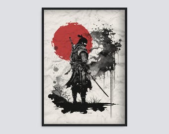 Samurai Warrior Art Poster, Japanese Minimal Wall Print, Japanese Vintage Style