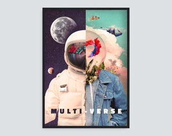 Poster di astronauta multiverso / Arte murale spaziale surreale / Stampa di astronauta psichedelica retrò / Decorazione fantascientifica