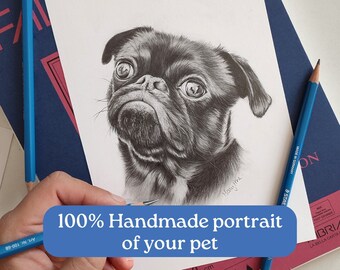 Retrato realista de mascota personalizado Dibujo de Pug en blanco y negro de la foto Grafito original sobre papel comisión arte físico tradicional del perro