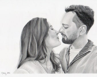 Couple Commission Portrait, Traditional artwork handmade graphite on paper from photo custom black and white drawing of people and family