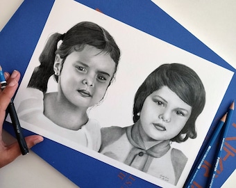 Pencil portrait from old photos graphite on paper artwork of children and family custom illustration black and white restoration drawing