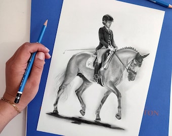 Dibujo de caballos hecho a mano: retratos ecuestres por encargo en grafito sobre papel, arte en blanco y negro para caballos y jinetes a partir de fotografías