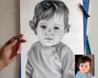 Handmade Drawing Portrait of children, child memorial from photo graphite on paper art custom commission illustration black and white