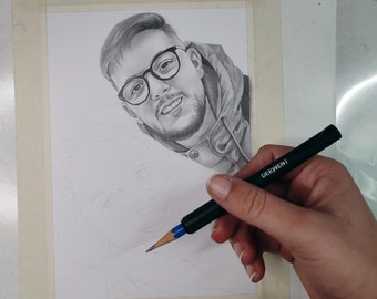 Retrato a lápiz hecho a mano clásico con grafito sobre papel de mascotas y personas 6 &quot;x8&quot; arte tradicional dibujo original por encargo