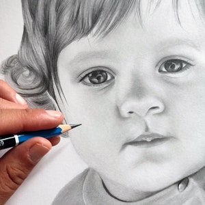 Ritratto di bambino fatto a mano Da foto, arte commemorativa per bambini in bianco e nero con matita di grafite su carta, regalo per genitori, nonni