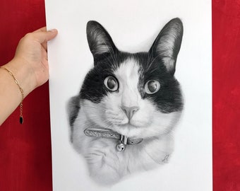 Custom Pet Realistic Portrait Cat drawing from photo Original sketchgraphite on paper commission physical sketch tuxedo kitty art