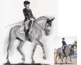 Handgemaakte paardentekening: ruiterportretten in opdracht in grafiet op papier, zwart-witte kunst voor paarden en ruiters uit foto's