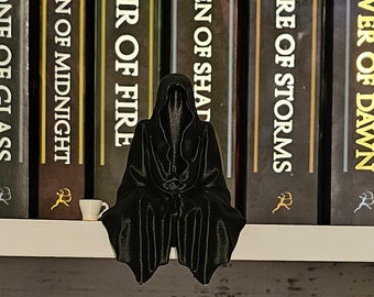 Sitting Ghost Figurine with Tea Cup, Grim Reaper Sitting Bookshelf Decor, 3D Printed Figure Gift