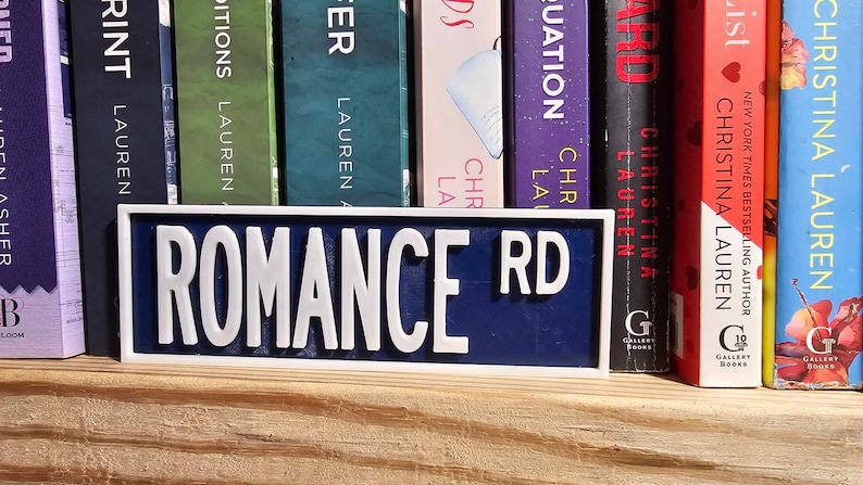 May include: A blue and white sign with the text "ROMANCE RD" on it. The sign is sitting on a wooden shelf in front of a bookshelf filled with books.